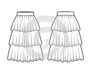 Skirt layered ruffle tiared flounce technical fashion illustration with below-the-knee lengths, circle silhouette. Flat photo