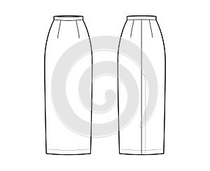 Skirt maxi pencil fullness silhouette technical fashion illustration with back slit, floor ankle lengths. Flat bottom