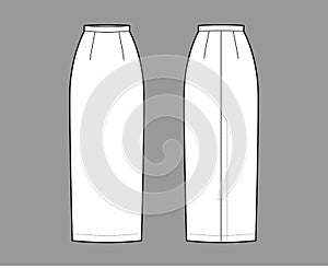 Skirt maxi pencil fullness silhouette technical fashion illustration with back slit, floor ankle lengths. Flat bottom