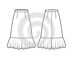 Skirt midi prairie dirndl technical fashion illustration with mid-calf lengths, semi-circular fullness, thick waistband.