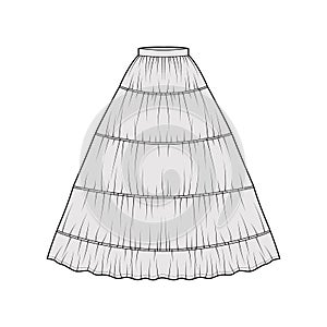 Skirt petticoat for gown technical fashion illustration with maxi floor length silhouette circular fullness undergarment