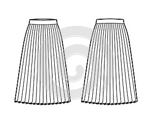 Skirt pleat technical fashion illustration with below-the-knee silhouette, circular fullness, thick waistband bottom