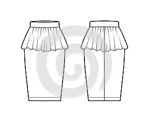 Skirt sheath technical fashion illustration with straight knee silhouette, pencil fullness, thin waistband. Flat bottom