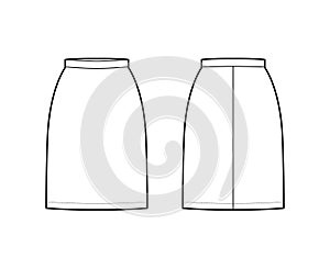 Skirt sheath technical fashion illustration with straight knee silhouette, pencil fullness, thin waistband. Flat bottom