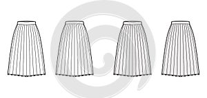 Skirt side knife pleat technical fashion illustration with below-the-knee silhouette, circular fullness, thick waistband