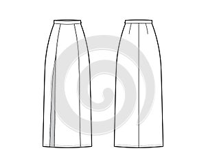 Skirt slit maxi technical fashion illustration with floor ankle lengths silhouette, pencil fullness Flat bottom template