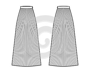 Skirt sunray pleat maxi technical fashion illustration with floor ankle length silhouette, circular fullness. bottom photo