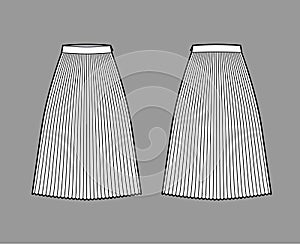 Skirt sunray pleat technical fashion illustration with below-the-knee midi length silhouette, circular fullness bottom
