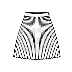 Skirt sunray pleat technical fashion illustration with under-the-knee length silhouette, circular fullness. Flat bottom