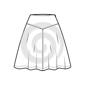 Skirt yoke technical fashion illustration with above-the-knee lengths silhouette, semi-circular fullness. Flat bottom