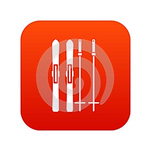 Skis and ski poles icon digital red