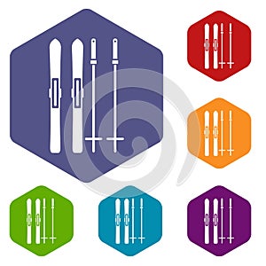 Skis and ski poles icons set