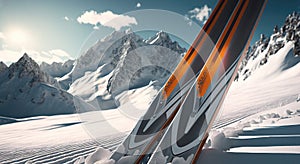 Skis of a skier on the top of snowy mountains in sunny day. Ski in winter season. Ski resort, ski season, ski equipment rental.