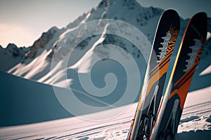 Skis of a skier on the top of snowy mountains in sunny day. Ski in winter season. Ski resort, ski season, ski equipment rental.