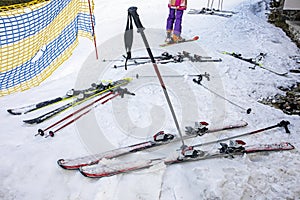 skis taken off on a downhill slope. Active