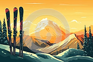 Skis in winter season, mountains and ski equipment on top of snowy mountains on sunny day, generative AI.