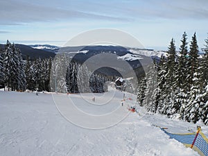 Skislope, chalet, forest and mountain skyline