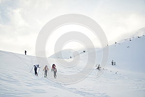 Skitouring group with mountain views in winter