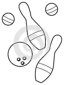 Skittles with balls and bowling ball, picture for children coloring, black and white, isolated.