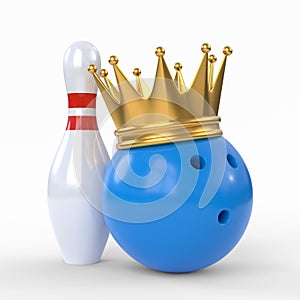 Skittles and blue bowling ball crowned with a gold crown isolated on white background