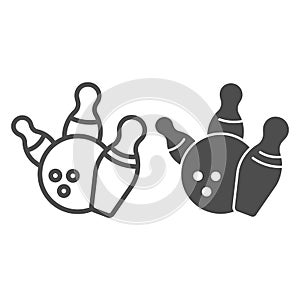 Skittles and bowling ball line and solid icon, bowling concept, strike sign on white background, Falling pins and