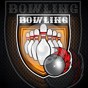 Skittles for bowling and ball with red fire trail in center of shield. Sport logo for any team
