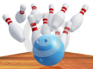 Skittles for game in bowling with blue ball photo