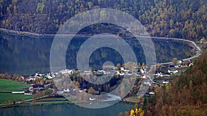 Skjolden town from Fugelsteg above Fortun in autumn in Norway photo