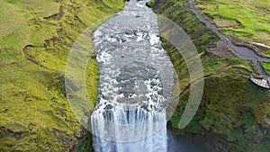 Skogafoss waterfall aerial slow motion view, Iceland