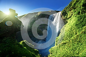 Skogarfoss waterfall and summer sunny day