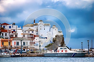 12-22-2020 Skopelos island, Greece, the traditional white church of Skopelos