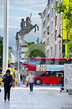 SKOPJE downtown with view of active people and monument of Alexander the great