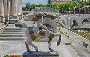 SKOPJE, MACEDONIA - June, 2017: Bronze sculpture of a furious man on a horse in Skopje