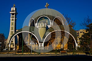 SKOPJE, NORTH MACEDONIA: Beautiful Orthodox Saint Clement of Ohrid Church against the blue sky in the center.