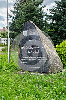 Skowarcz, Poland - August 21, 2017: Monument for 800th anniversary of Skowarcz.