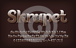 Skrapet alphabet font. Beveled scratched letters, numbers and punctuations. Uppercase and lowercase.