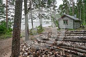 Skuleskogen, Sweden - 08.22.2021: Wooden cabin in the forest of Skuleskogen national park in Sweden with pile of birch