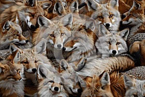 A skulk of foxes - a powerful group of foxes with two foxes looking at the camera