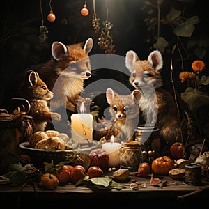 Skulk of foxes in their burrow, lit with candles and surrounded by food