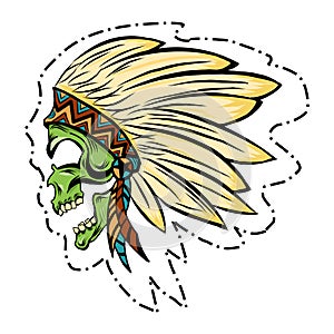Skull in american indian sketches in color and lines style.