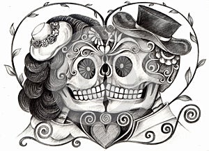 Skull art wedding day of the dead.