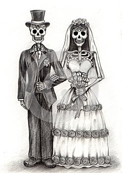 Skull art wedding day of the dead . Hand drawing on paper.