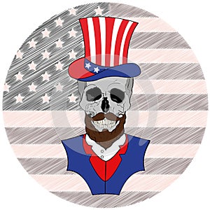 Skull with beard in American Hat, July 4th