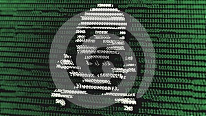 Skull with bones made from letters on green binary code overlay background on computer screen display - software piracy, computer