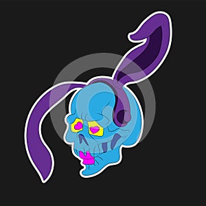 a skull with bunny ears wearing headphones on a black isolated background vector image