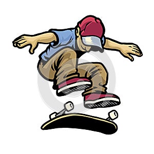 Skull character playing skateboard doing kickflip