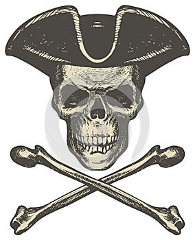 Skull in cocked hat and crossbones, pirate symbol