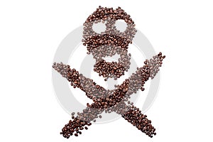 Skull of coffee beans, cheerful roger of coffee, the concept suggests that sometimes coffee can belittle death