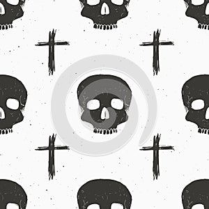 Skull and cross sumbol seamless pattern, hand drawn sketch vector illustration