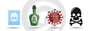 Skull and crossbones with poison bottle and coronavirus vector clip art set, covid 19. Skull and crossbones with poison bottle